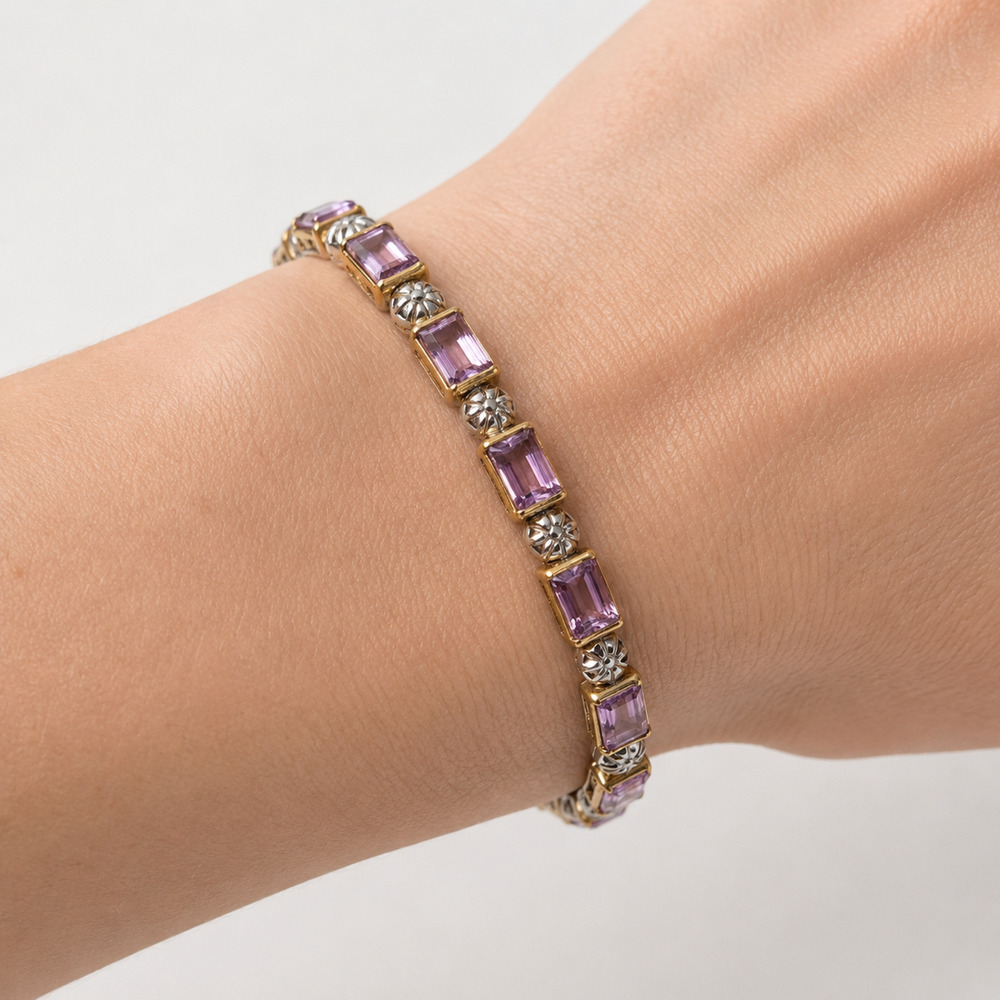 925 Sterling Silver Two Tone Violet Baguette Floral Tennis Bracelet 7.5" Gift